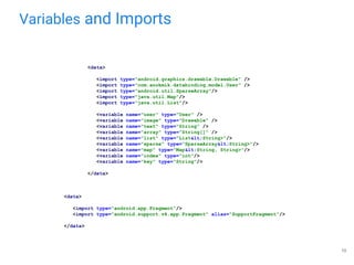 Variables and Imports
<data>
<import type="android.graphics.drawable.Drawable" />
<import type="com.anokmik.databinding.model.User" />
<import type="android.util.SparseArray"/>
<import type="java.util.Map"/>
<import type="java.util.List"/>
<variable name="user" type="User" />
<variable name="image" type="Drawable" />
<variable name="text" type="String" />
<variable name="array" type="String[]" />
<variable name="list" type="List<String>"/>
<variable name="sparse" type="SparseArray<String>"/>
<variable name="map" type="Map<String, String>"/>
<variable name="index" type="int"/>
<variable name="key" type="String"/>
</data>
<data>
<import type="android.app.Fragment"/>
<import type="android.support.v4.app.Fragment" alias="SupportFragment"/>
</data>
10
 
