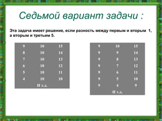 Седьмой вариант задачи :
Эта задача имеет решение, если разность между первым и вторым 1,
а вторым и третьим 5.
9 10 15
8 10 14
7 10 13
6 10 12
5 10 11
4 10 10
  И т.д.  
9 10 15
9 9 14
9 8 13
9 7 12
9 6 11
9 5 10
9 4 9
  И т.д.  
 