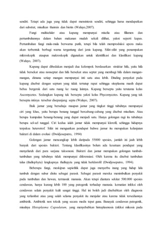 sendiri. Tetapi ada juga yang tidak dapat mensintesis sendiri, sehingga harus mendapatkan 
dari substrat, misalkan thaimin dan biotin (Waluyo,2007). 
Fungi multiseluler atau kapang mempunyai miselia atau fillamen dan 
pertumbuhannya dalam bahan makanan mudah sekali dilihat, yakni seperti kapas. 
Pertumbuhan fungi mula-mula berwarna putih, tetapi bila telah memproduksi apora maka 
akan terbentuk berbagi warna tergantung dari jenis kapang. Sifat-sifat yang penampakan 
mikroskopik ataupun makroskopik digunakan untuk identifikasi dan klasifikasi kapang 
(Waluyo, 2007). 
Kapang dapat dibedakan menjadi dua kelompok berdasarkan struktur hifa, yaitu hifa 
tidak bersekat atau nonseptat dan hifa bersekat atau septat yang membagi hifa dalam mangan-mangan, 
dimana setiap mangan mempunyai inti satu atau lebih. Dinding penyekat pada 
kapang disebut dengan septum yang tidak tertutup rapat sehingga sitoplasma masih dapat 
bebas bergerak dari satu ruang ke ruang lainnya. Kapang bersepta yaitu terutama kelas 
Ascomycetes. Sedangkan kapang tak bersepta yakni kelas Phycomycetes. Kapang yang tak 
bersepta intinya tersebar disepanjang septa (Waluyo, 2007). 
Baik jamur yang bersahaja maupun jamur yang tingkat tinggi tubuhnya mempunyai 
ciri yang khas, yaitu berupa benang tunggal bercabang-cabang yang disebut miselium. Atau 
berupa kumpulan benang-benang yang dapat menjadi satu. Hanya golongan ragi itu tubuhnya 
berupa sel-sel tunggal. Ciri kedua ialah jamur tidak mempunyai klorofil, sehingga hidupnya 
terpaksa heterotrof. Sifat ini menguatkan pendapat bahwa jamur itu merupakan kelanjutan 
bakteri di dalam evolusi (Dwidjoseputro, 1994) 
Golongan jamur mencangkup lebih daripada 55000 spesies, jumlah ini jauh lebih 
banyak dari spesies bakteri. Tentang klasifikasinya belum ada kesatuan pendapat yang 
menyeluruh dari para sarjana taksononi. Bakteri dan jamur merupakan golongan tumbuh-tumbuhan 
yang tubuhnya tidak mempunyai diferensiasi. Oleh karena itu disebut tumbuhan 
talus (thallophyta) lengkapnya thallopyta yang tidak berklorofil (Dwidjoseputro, 1994). 
Beberapa fungi, meskipun sapiofitik dapat juga menyerbu inang yang hidup lalu 
tumbuh dengan subur disitu sebagai parasit. Sebagai parasit mereka menimbulkan penyakit 
pada tumbuhan dan hewan, termasuk manusia. Akan tetapi diantara sekitar 500.000 spesies 
cendawan, hanya kurang lebih 100 yang patogenik terhadap manusia. kematian infeksi oleh 
cendawan selain penyakit kulit sangat tinggi. Hal ini boleh jadi disebabkan oleh diagnosis 
yang terlambat atau yang salah selama penyakit itu menjalar atau karena tidak tersediannya 
antibiotik. Antibiotik non toksik yang secara medis tepat guna. Banayak cendawan patogenik, 
misalnya Histoplasma Capsulatum, yang menyebabkan histoplasmosis (nfeksi mikosis pada 
 