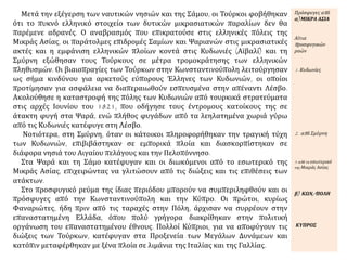 Μετά την εξέγερση των ναυτικών νησιών και της Σάμου, οι Τούρκοι φοβήθηκαν
ότι το πυκνό ελληνικό στοιχείο των δυτικών μικρασιατικών παραλίων δεν θα
παρέμενε αδρανές. Ο αναβρασμός που επικρατούσε στις ελληνικές πόλεις της
Μικράς Ασίας, οι παράτολμες επιδρομές Σαμίων και Ψαριανών στις μικρασιατικές
ακτές και η εμφάνιση ελληνικών πλοίων κοντά στις Κυδωνιές (Αϊβαλί) και τη
Σμύρνη εξώθησαν τους Τούρκους σε μέτρα τρομοκράτησης των ελληνικών
πληθυσμών. Οι βιαιοπραγίες των Τούρκων στην Κωνσταντινούπολη λειτούργησαν
ως σήμα κινδύνου για αρκετούς εύπορους Έλληνες των Κυδωνιών, οι οποίοι
προτίμησαν για ασφάλεια να διαπεραιωθούν εσπευσμένα στην απέναντι Λέσβο.
Ακολούθησε η καταστροφή της πόλης των Κυδωνιών από τουρκικά στρατεύματα
στις αρχές Ιουνίου του 1821, που οδήγησε τους έντρομους κατοίκους της σε
άτακτη φυγή στα Ψαρά, ενώ πλήθος φυγάδων από τα λεηλατημένα χωριά γύρω
από τις Κυδωνιές κατέφυγε στη Λέσβο.
Νοτιότερα, στη Σμύρνη, όταν οι κάτοικοι πληροφορήθηκαν την τραγική τύχη
των Κυδωνιών, επιβιβάστηκαν σε εμπορικά πλοία και διασκορπίστηκαν σε
διάφορα νησιά του Αιγαίου πελάγους και την Πελοπόννησο.
Στα Ψαρά και τη Σάμο κατέφυγαν και οι διωκόμενοι από το εσωτερικό της
Μικράς Ασίας, επιχειρώντας να γλιτώσουν από τις διώξεις και τις επιθέσεις των
ατάκτων.
Στο προσφυγικό ρεύμα της ίδιας περιόδου μπορούν να συμπεριληφθούν και οι
πρόσφυγες από την Κωνσταντινούπολη και την Κύπρο. Οι πρώτοι, κυρίως
Φαναριώτες, ήδη πριν από τις ταραχές στην Πόλη, άρχισαν να συρρέουν στην
επαναστατημένη Ελλάδα, όπου πολύ γρήγορα διακρίθηκαν στην πολιτική
οργάνωση του επαναστατημένου έθνους. Πολλοί Κύπριοι, για να αποφύγουν τις
διώξεις των Τούρκων, κατέφυγαν στα Προξενεία των Μεγάλων Δυνάμεων και
κατόπιν μεταφέρθηκαν με ξένα πλοία σε λιμάνια της Ιταλίας και της Γαλλίας.
Πρόσφυγες από
α) ΜΙΚΡΑ ΑΣΙΑ
Αίτια
προσφυγικών
ροών
1. Κυδωνίες
2. από Σμύρνη
3. από το εσωτερικό
της Μικράς Ασίας
β) ΚΩΝ/ΠΟΛΗ
ΚΥΠΡΟΣ
 