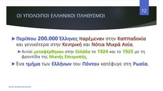 ΟΙ ΥΠΟΛΟΙΠΟΙ ΕΛΛΗΝΙΚΟΙ ΠΛΗΘΥΣΜΟΙ
 Περίπου 200.000 Έλληνες παρέμεναν στην Καππαδοκία
και γενικότερα στην Κεντρική και Νότια Μικρά Ασία.
Αυτοί μεταφέρθηκαν στην Ελλάδα το 1924 και το 1925 με τη
φροντίδα της Μικτής Επιτροπής.
 Ένα τμήμα των Ελλήνων του Πόντου κατέφυγε στη Ρωσία.
ΦΑΤΣΗ ΑΘΑΝΑΣΙΑ ΦΙΛΟΛΟΓΟΣ
12
 