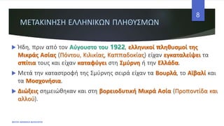 ΜΕΤΑΚΙΝΗΣΗ ΕΛΛΗΝΙΚΩΝ ΠΛΗΘΥΣΜΩΝ
 Ήδη, πριν από τον Αύγουστο του 1922, ελληνικοί πληθυσμοί της
Μικράς Ασίας (Πόντου, Κιλικίας, Καππαδοκίας) είχαν εγκαταλείψει τα
σπίτια τους και είχαν καταφύγει στη Σμύρνη ή την Ελλάδα.
 Μετά την καταστροφή της Σμύρνης σειρά είχαν τα Βουρλά, το Αϊβαλί και
τα Μοσχονήσια.
 Διώξεις σημειώθηκαν και στη βορειοδυτική Μικρά Ασία (Προποντίδα και
αλλού).
ΦΑΤΣΗ ΑΘΑΝΑΣΙΑ ΦΙΛΟΛΟΓΟΣ
8
 