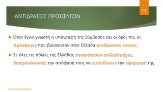 ΑΝΤΙΔΡΑΣΕΙΣ ΠΡΟΣΦΥΓΩΝ
 Όταν έγινε γνωστή η υπογραφή της Σύμβασης και οι όροι της, οι
πρόσφυγες που βρίσκονταν στην Ελλάδα αντέδρασαν έντονα.
 Σε όλες τις πόλεις της Ελλάδας συγκρότησαν συλλαλητήρια,
διατρανώνοντας την απόφασή τους να εμποδίσουν την εφαρμογή της.
ΦΑΤΣΗ ΑΘΑΝΑΣΙΑ ΦΙΛΟΛΟΓΟΣ
11
 