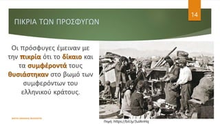 ΠΙΚΡΙΑ ΤΩΝ ΠΡΟΣΦΥΓΩΝ
ΦΑΤΣΗ ΑΘΑΝΑΣΙΑ ΦΙΛΟΛΟΓΟΣ
14
Οι πρόσφυγες έμειναν με
την πικρία ότι το δίκαιο και
τα συμφέροντά τους
θυσιάστηκαν στο βωμό των
συμφερόντων του
ελληνικού κράτους.
Πηγή: https://bit.ly/3uIAnHq
 
