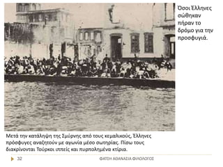 ΦΑΤΣΗ ΑΘΑΝΑΣΙΑ ΦΙΛΟΛΟΓΟΣ32
Μετά την κατάληψη της Σμύρνης από τους κεμαλικούς, Έλληνες
πρόσφυγες αναζητούν με αγωνία μέσο σωτηρίας. Πίσω τους
διακρίνονται Τούρκοι ιππείς και πυρπολημένα κτίρια.
Όσοι Έλληνες
σώθηκαν
πήραν το
δρόμο για την
προσφυγιά.
 