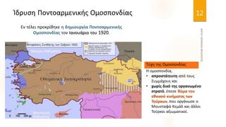 Ίδρυση Ποντοαρμενικής Ομοσπονδίας
Εν τέλει προκρίθηκε η δημιουργία Ποντοαρμενικής
Ομοσπονδίας τον Ιανουάριο του 1920.
12
Η ομοσπονδία,
• απροστάτευτη από τους
Συμμάχους και
• χωρίς δικό της οργανωμένο
στρατό, έπεσε θύμα του
εθνικού κινήματος των
Τούρκων, που οργάνωσε ο
Μουσταφά Κεμάλ και άλλοι
Τούρκοι αξιωματικοί.
Τύχη της Ομοσπονδίας
 