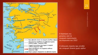 21
Η διάσπαση του
μετώπου από τα
τουρκικά στρατεύματα
τον Αύγουστο του 1922
Ο ελληνικός στρατός έχει ηττηθεί
και υποχωρεί άτακτα χωρίς σχέδιο
 