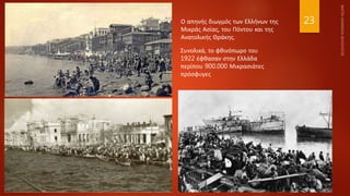 23
Ο απηνής διωγμός των Ελλήνων της
Μικράς Ασίας, του Πόντου και της
Ανατολικής Θράκης.
Συνολικά, το φθινόπωρο του
1922 έφθασαν στην Ελλάδα
περίπου 900.000 Μικρασιάτες
πρόσφυγες
 