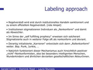 Labeling approach Gerald Czech – Dominik Riepl – Laura Sturzeis Regelverstoß wird erst durch institutionelles Handeln sanktioniert und zu einem offiziellem Regelverstoß. (rote Ampel) Institutionen stigmatisieren Individuen als „Nonkonform“ und damit als Abweichler. Im Sinne der „self fulfilling prophecy“ erweisen sich solcherart Stigmatisierte auch in weiterer Folge oft als nonkonform und deviant. Derartig initialisierte „Karrieren“ entwickeln sich dann „Rollenkonform“ weiter. Bsp. Punk, Junkie, … Natürlich funktioniert dieser Mechanismus auch hinsichtlich positiver „nicht“-Nonkonformisten, also bei besonders intelligenten Menschen, Wunderkindern und ähnlichen devianten gesellschaftlichen AkteurInnen. 
