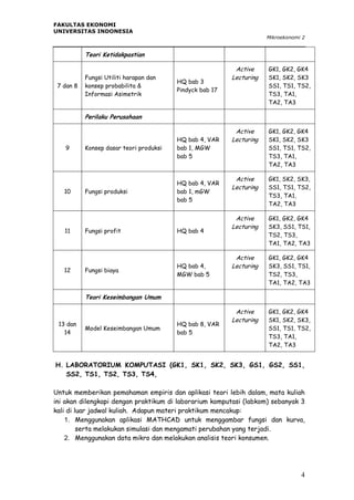 FAKULTAS EKONOMI
UNIVERSITAS INDONESIA
Mikroekonomi 2

Teori Ketidakpastian

7 dan 8

Fungsi Utiliti harapan dan
konsep probabilita &
Informasi Asimetrik

HQ bab 3
Pindyck bab 17

Active
Lecturing

GK1, GK2, GK4
SK1, SK2, SK3
SS1, TS1, TS2,
TS3, TA1,
TA2, TA3

Active
Lecturing

GK1, GK2, GK4
SK1, SK2, SK3
SS1, TS1, TS2,
TS3, TA1,
TA2, TA3

Active
Lecturing

GK1, SK2, SK3,
SS1, TS1, TS2,
TS3, TA1,
TA2, TA3

Active
Lecturing

GK1, GK2, GK4
SK3, SS1, TS1,
TS2, TS3,
TA1, TA2, TA3

Active
Lecturing

GK1, GK2, GK4
SK3, SS1, TS1,
TS2, TS3,
TA1, TA2, TA3

Active
Lecturing

GK1, GK2, GK4
SK1, SK2, SK3,
SS1, TS1, TS2,
TS3, TA1,
TA2, TA3

Perilaku Perusahaan

9

10

11

12

Konsep dasar teori produksi

HQ bab 4, VAR
bab 1, MGW
bab 5

Fungsi produksi

HQ bab 4, VAR
bab 1, mGW
bab 5

Fungsi profit

HQ bab 4

Fungsi biaya

HQ bab 4,
MGW bab 5

Teori Keseimbangan Umum

13 dan
14

Model Keseimbangan Umum

HQ bab 8, VAR
bab 5

H. LABORATORIUM KOMPUTASI (GK1, SK1, SK2, SK3, GS1, GS2, SS1,
SS2, TS1, TS2, TS3, TS4,
Untuk memberikan pemahaman empiris dan aplikasi teori lebih dalam, mata kuliah
ini akan dilengkapi dengan praktikum di laborarium komputasi (labkom) sebanyak 3
kali di luar jadwal kuliah. Adapun materi praktikum mencakup:
1. Menggunakan aplikasi MATHCAD untuk menggambar fungsi dan kurva,
serta melakukan simulasi dan mengamati perubahan yang terjadi.
2. Menggunakan data mikro dan melakukan analisis teori konsumen.

4

 