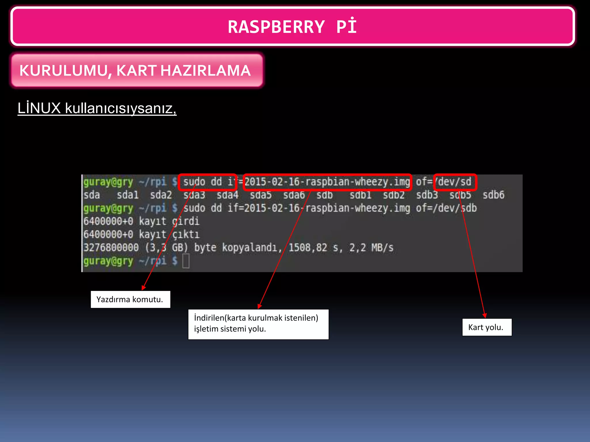 RASPBERRY Pİ
KURULUMU, KART HAZIRLAMA
LİNUX kullanıcısıysanız,
Yazdırma komutu.
İndirilen(karta kurulmak istenilen)
işletim sistemi yolu. Kart yolu.
 