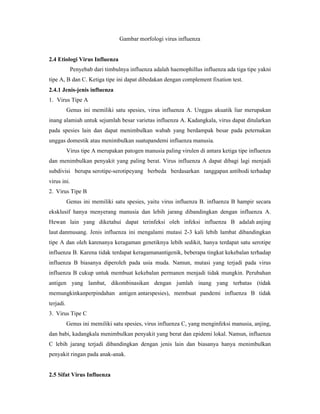 Gambar morfologi virus influenza
2.4 Etiologi Virus Influenza
Penyebab dari timbulnya influenza adalah haemophillus influenza ada tiga tipe yakni
tipe A, B dan C. Ketiga tipe ini dapat dibedakan dengan complement fixation test.
2.4.1 Jenis-jenis influenza
1. Virus Tipe A
Genus ini memiliki satu spesies, virus influenza A. Unggas akuatik liar merupakan
inang alamiah untuk sejumlah besar varietas influenza A. Kadangkala, virus dapat ditularkan
pada spesies lain dan dapat menimbulkan wabah yang berdampak besar pada peternakan
unggas domestik atau menimbulkan suatupandemi influenza manusia.
Virus tipe A merupakan patogen manusia paling virulen di antara ketiga tipe influenza
dan menimbulkan penyakit yang paling berat. Virus influenza A dapat dibagi lagi menjadi
subdivisi berupa serotipe-serotipeyang berbeda berdasarkan tanggapan antibodi terhadap
virus ini.
2. Virus Tipe B
Genus ini memiliki satu spesies, yaitu virus influenza B. influenza B hampir secara
eksklusif hanya menyerang manusia dan lebih jarang dibandingkan dengan influenza A.
Hewan lain yang diketahui dapat terinfeksi oleh infeksi influenza B adalah anjing
laut danmusang. Jenis influenza ini mengalami mutasi 2-3 kali lebih lambat dibandingkan
tipe A dan oleh karenanya keragaman genetiknya lebih sedikit, hanya terdapat satu serotipe
influenza B. Karena tidak terdapat keragamanantigenik, beberapa tingkat kekebalan terhadap
influenza B biasanya diperoleh pada usia muda. Namun, mutasi yang terjadi pada virus
influenza B cukup untuk membuat kekebalan permanen menjadi tidak mungkin. Perubahan
antigen yang lambat, dikombinasikan dengan jumlah inang yang terbatas (tidak
memungkinkanperpindahan antigen antarspesies), membuat pandemi influenza B tidak
terjadi.
3. Virus Tipe C
Genus ini memiliki satu spesies, virus influenza C, yang menginfeksi manusia, anjing,
dan babi, kadangkala menimbulkan penyakit yang berat dan epidemi lokal. Namun, influenza
C lebih jarang terjadi dibandingkan dengan jenis lain dan biasanya hanya menimbulkan
penyakit ringan pada anak-anak.
2.5 Sifat Virus Influenza
 