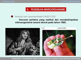 1. PENDAHULUAN                                                     I. SEJARAH MIKROBIOLOGI



                            A. PENEMUAN MIKROORGANISME

                 Antony van Leeuwenhoek (1632-1723)
                    Ilmuwan pertama yang melihat dan mendeskripsikan
                 mikroorganisme secara akurat pada tahun 1660.




           Kompetensi: menjelaskan sejarah perkembangan konsep-konsep penting mikrobiologi
 