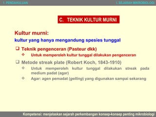 1. PENDAHULUAN                                                     I. SEJARAH MIKROBIOLOGI




                                C. TEKNIK KULTUR MURNI

      Kultur murni:
      kultur yang hanya mengandung spesies tunggal
        Teknik pengenceran (Pasteur dkk)
                Untuk memperoleh kultur tunggal dilakukan pengenceran
        Metode streak plate (Robert Koch, 1843-1910)
                Untuk memperoleh kultur tunggal dilakukan streak pada
                 medium padat (agar)
                Agar: agen pemadat (gelling) yang digunakan sampai sekarang




           Kompetensi: menjelaskan sejarah perkembangan konsep-konsep penting mikrobiologi
 