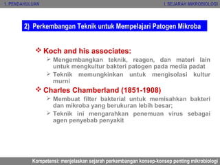 1. PENDAHULUAN                                                     I. SEJARAH MIKROBIOLOGI



       2) Perkembangan Teknik untuk Mempelajari Patogen Mikroba


             Koch and his associates:
                  Mengembangkan teknik, reagen, dan materi lain
                   untuk mengkultur bakteri patogen pada media padat
                  Teknik memungkinkan untuk mengisolasi kultur
                   murni
             Charles Chamberland (1851-1908)
                  Membuat filter bakterial untuk memisahkan bakteri
                   dan mikroba yang berukuran lebih besar;
                  Teknik ini mengarahkan penemuan virus sebagai
                   agen penyebab penyakit




           Kompetensi: menjelaskan sejarah perkembangan konsep-konsep penting mikrobiologi
 