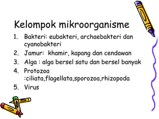 Kelompok mikroorganisme
1.   Bakteri: eubakteri, archaebakteri dan
     cyanobakteri
2.   Jamur: khamir, kapang dan cendawan
3.   Alga : alga bersel satu dan bersel banyak
4.   Protozoa
     :ciliata,flagellata,sporozoa,rhizopoda
5.   Virus
 