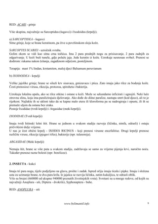 RED: ACARI - grinje

Viš skupina, najvažnije su Sarcoptidea (š
   e                                     ugavci) i Ixodoidea (krpelji).

a) SARCOPTIDEA - š     ugavci
Sitne grinje, koje se hrane keratinom, pa žive u površinskom sloju kože.

SARCOPTES SCABIEI - uzročnik svraba.
Golim okom se vidi kao sitna crna točkica. Ima 2 para prednjih nogu za prisisavanje, 2 para zadnjih za
odgurivanje. U koži buš tunele, gdje polaže jaja. Jede keratin iz kože. Uzrokuje nesnosan svrbež. Prenosi se
                       i
dodirom: rukama nakon češanja, zagađenom odjećom, posteljinom.

Terapija: mast 1% lindan, krotamiton, maloj djeci Balsamum peruvianum

b) IXODOIDEA - krpelji

Velike jajolike grinje; hrane se siš krv sisavaca, gmizavaca i ptica. Zato imaju jako rilce za bodenje kože.
                                     uži
Česti prenosioci virusa, rikecija, protozoa, spiroheta i bakterija.

Uzrokuju lokalnu upalu, ako se rilce otkine i ostane u koži. Može se sekundarno inficirati i ugnojiti. Neki luče
otrovnu slinu, koja ima paralizirajuće djelovanje. Ako dođe do dišne paralize, nastupa smrt (kod djece), ali to je
rijetkost. Najlakš ih se ukloni tako da se kapne malo etera ili kloroforma pa se nadrogiraju i opuste, ili ih se
                  e
premaže uljem da ostanu bez zraka.
Postoje Ixodidae (tvrdi krpelji) i Argasidae (meki krpelji).

IXODIDAE (Tvrdi krpelji)

Imaju tvrdi hitinski lešni štit. Hrane se jednom u svakom stadiju razvoja (ličinka, nimfa, odrasli) i ostaju
pričvršćeni dulje vrijeme.
U nas je čest obični krpelj - IXODES RICINUS - koji prenosi virusne encefalitise. Drugi krpelji prenose
različite viruse, rikecije (pjegavi tifus), bakterije (npr. tularemija).

ARGASIDAE (Meki krpelji)

Nemaju štit, hrane se više puta u svakom stadiju, zadržavaju se samo za vrijeme pijenja krvi, naročito noću.
Također prenose razne bolesti (npr. borelioze).


2. INSECTA - kukci

Imaju tri para nogu, tijelo podjeljeno na glavu, prsište i zadak. Ispred očiju imaju ticala i pipke. Imaju i složena
usta za uzimanje hrane, te dva para krila. Iz jajašca se razvija ličinka, zatim kukuljica, te odrasli oblik.
Vrlo su brojni (660000 od ukupno 940000 poznatih životinjskih vrsta). Svrstani su u mnoge redove, od kojih su
najvažniji Anoplura - uš Diptera - dvokrilci, Syphonaptera - buhe.
                         i,

RED: ANOPLURA – uši



                                             www.belimantil.info                                                  9
 