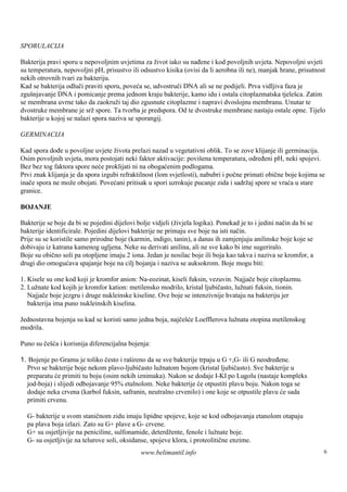 SPORULACIJA

Bakterija pravi sporu u nepovoljnim uvjetima za život iako su nađene i kod povoljnih uvjeta. Nepovoljni uvjeti
su temperatura, nepovoljni pH, prisustvo ili odsustvo kisika (ovisi da li aerobna ili ne), manjak hrane, prisutnost
nekih otrovnih tvari za bakteriju.
Kad se bakterija odluči praviti sporu, poveća se, udvostruči DNA ali se ne podijeli. Prva vidljiva faza je
zguš njavanje DNA i pomicanje prema jednom kraju bakterije, kamo idu i ostala citoplazmatska tjeleš Zatim
                                                                                                        ca.
se membrana uvrne tako da zaokruži taj dio zgusnute citoplazme i napravi dvoslojnu membranu. Unutar te
dvostruke membrane je srž spore. Ta tvorba je predspora. Od te dvostruke membrane nastaju ostale opne. Tijelo
bakterije u kojoj se nalazi spora naziva se sporangij.

GERMINACIJA

Kad spora dođe u povoljne uvjete života prelazi nazad u vegetativni oblik. To se zove klijanje ili germinacija.
Osim povoljnih uvjeta, mora postojati neki faktor aktivacije: povišena temperatura, određeni pH, neki spojevi.
Bez bez tog faktora spore neće proklijati ni na obogaćenim podlogama.
Prvi znak klijanja je da spora izgubi refraktilnost (lom svjetlosti), nabubri i počne primati obične boje kojima se
inače spora ne može obojati. Povećani pritisak u spori uzrokuje pucanje zida i sadržaj spore se vraća u stare
granice.

BOJANJE

Bakterije se boje da bi se pojedini dijelovi bolje vidjeli (živjela logika). Ponekad je to i jedini način da bi se
bakterije identificirale. Pojedini dijelovi bakterije ne primaju sve boje na isti način.
Prije su se koristile samo prirodne boje (karmin, indigo, tanin), a danas ih zamjenjuju anilinske boje koje se
dobivaju iz katrana kamenog ugljena. Neke su derivati anilina, ali ne sve kako bi ime sugeriralo.
Boje su obično soli pa otopljene imaju 2 iona. Jedan je nosilac boje ili boja kao takva i naziva se kromfor, a
drugi dio omogućava spajanje boje na cilj bojanja i naziva se auksokrom. Boje mogu biti:

1. Kisele su one kod koji je kromfor anion: Na-eozinat, kiseli fuksin, vezuvin. Najjače boje citoplazmu.
2. Lužnate kod kojih je kromfor kation: metilensko modrilo, kristal ljubičasto, lužnati fuksin, tionin.
   Najjače boje jezgru i druge nukleinske kiseline. Ove boje se intenzivnije hvataju na bakteriju jer
   bakterija ima puno nukleinskih kiselina.

Jednostavna bojenja su kad se koristi samo jedna boja, najčešće Loefflerova lužnata otopina metilenskog
modrila.

Puno su češća i korisnija diferencijalna bojenja:

1. Bojenje po Gramu je toliko često i rašireno da se sve bakterije trpaju u G +,G- ili G neodređene.
  Prvo se bakterije boje nekom plavo-ljubičasto lužnatom bojom (kristal ljubičasto). Sve bakterije u
  preparatu će primiti tu boju (osim nekih iznimaka). Nakon se dodaje I-KI po Lugolu (nastaje kompleks
  jod-boja) i slijedi odbojavanje 95% etalnolom. Neke bakterije će otpustiti plavu boju. Nakon toga se
  dodaje neka crvena (karbol fuksin, safranin, neutralno crvenilo) i one koje se otpustile plavu će sada
  primiti crvenu.

  G- bakterije u svom staničnom zidu imaju lipidne spojeve, koje se kod odbojavanja etanolom otapaju
  pa plava boja izlazi. Zato su G+ plave a G- crvene.
  G+ su osjetljivije na peniciline, sulfonamide, deterdžente, fenole i lužnate boje.
  G- su osjetljivije na telurove soli, oksidanse, spojeve klora, i proteolitične enzime.
                                              www.belimantil.info                                                    6
 