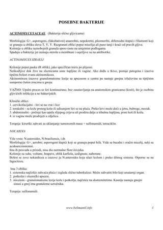 POSEBNE BAKTERIJE

ACTINOMYCETACEAE (Bakterije slične gljivicama)

Morfologija: G+, asporogeni, (fakultativni) anaerobni, nepokretni, pleomorfni, difteroidni štapići i filamenti koji
se granaju u obliku slova T, V, Y. Razgranati oblici poput micelija ali puno tanji i kraći od pravih gljiva.
Kolonije u obliku raznobojnih granula sporo rastu na umjetnim podlogama.
Spadaju u bakterije jer nemaju sterola u membrani i osjetljive su na antibiotike.

ACTINOMYCES IZRAELI

Kolonije poput pauka (R oblik), jako specifičan miris po plijesni.
Neškodljive dok žive na sluznicama usne šupljine ili vagine. Ako dođu u tkivo, postaje patogena i izaziva
tipičnu bolest zvanu aktinomikoza.
Aktinomitoza izazove granulomatozne lezije sa apscesom u centru pa nastaje gnojna izlučevina sa tipičnim
sumporno žutim zrncima u gnoju.

VAŽNO: Upalni proces se š kontinuirano, bez zaustavljanja na anatomskim granicama (kosti), š je osobina
                              iri                                                           to
gljivičnih infekcija a ne bakterijskih.

Klinički oblici:
1. cervikofacijalni - š se na vrat i lice
                       iri
2. torakalni - sa kože prsnog koša ili udisanjem širi se na pluća. Preko krvi može doći u jetru, bubrege, mozak.
3. abdominalni - počinje kao upala slijepog crijeva ali prodiru dalje u trbušnu šupljinu, prsni koš ili kožu.
4. iz vagine može prodrijeti u zdjelicu.

Terapija: kirurš zahvati za uklanjanje tumoroznih masa + sulfonamidi, tetraciklin.
                ki

NOCARDIA

Viš vrsta: N.asteroides, N.brasiliensis, i dr.
   e
Morfologija: G+, aerobni, asporogeni štapići koji se granaju poput hifa. Vide se bazalni i zračni micelij, neki su
acidoarezinstentni.
Ima ih posvuda u prirodi, nisu dio normalne flore čovjeka.
Kolonije su suhe, voštane, hrapave, oblik karfiola, uzdignute, naborane.
Bolest se zove nokardioza a izazove ju N.asteroides koja ulazi kožom i preko diš    nog sistema. Otporne su na
fagocitozu.

Ima 3 oblika:
1. sistemska najčešće zahvaća pluća i izgleda slično tuberkulozi. Može zahvatiti bilo koji unutarnji organ.
2. potkožni i sluznički apscesi.
3. micetom - granulomatozne lezije kože i potkožja, najčešće na ekstremitetima. Kasnije nastaju gnojni
    sinusi a gnoj ima granulome uzročnika.

Terapija: sulfonamidi.




                                             www.belimantil.info                                                   1
 