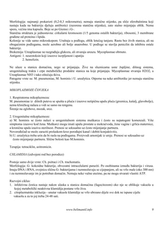 Morfologija: najmanji prokarioti (0,2-0,3 mikrometra), nemaju stanične stijenke, pa sliče sferobalstima koji
nastaju kada na bakteriju djeluju antibiotici (razorena stanična stijenka), zato stalno mijenjaju oblik. Nema
spora, većina ima kapsulu. Boje se po Giemsi i G-.
Stanična struktura je jednostavna: cirkularni kromosom (1/5 genoma ostalih bakterija), ribosomi, 3 membrane
građene od proteina i lipida.
Kolonije se vide samo mikroskopom. Uraštaju u podlogu, oblik letećeg tanjura. Rastu bez živih stanica, ali na
obogaćenim podlogama, može aerobno ali bolje anaerobno. U podloge se stavlja penicilin da inhibira ostale
bakterije.
Biokemija: Ureaplasmae ne razgrađuju glukozu, ali stvaraju ureazu. Mycoplasmae obrnuto.
Antigeni: 1. neurotoksin koji izazove iscrpljenost i apatiju
           2. hemolizin.

Ne ulaze u stanicu domaćina, nego se prijanjaju. Žive na sluznicama usne župljine, dišnog sistema,
urogenitalnog trakta i crpe metaboličke produkte stanica na koje prijanjaju. Mycoplasmae stvaraju H2O2, a
Ureaplasmae NH3 i tako oš  tećuju tkiva.
Patogene vrste su: M. pneumoniae, M. hominis i U. urealytica. Otporne na neke antibiotike jer nemaju staničnu
stijenku.

MIKOPLAZMOZE ČOVJEKA

1. Respiratorna mikoplazmoza:
M. pneumoniae iz dišnih puteva se spušta u pluća i izazove netipičnu upalu pluća (groznica, kašalj, glavobolje),
nema kliničkog nalaza a vidi se samo na rengenu.
Širenje na zglobove, mozak, srce.

2. Urogenitalne mikoplazmoze:
a) M. hominis se često nalazi u urogenitalnom sistemu muškarca i često su nepatogeni komenzali. Viš        e
simptoma izazove kod žena. Muškarci mogu imati upalu prostate u mokraćvoda, žene vagine i grlića maternice,
a kronična upala izaziva sterilnost. Prenosi se seksualno uz često mijenjanje partnera.
Novorođečad se može zaraziti prolaskom kroz porođajni kanal i dobiti konjuktivitis.
b) U. urealytica treba urin da bi rasla na podlogama. Proizvodi amonijak iz ureje. Prenosi se seksualno uz
   često mijenjanje partnera. Slične bolesti kao M.hominis.

Terapija: tetraciklin, azitromicin.

CHLAMIDIA (izdvojeni rod bez porodice)

Postoje samo dvije vrste: Ch. psittaci i Ch. trachomatis.
Morfologija: G- kokoidne bakterije, obvezatni intracelularni paraziti. Po osobinama između bakterija i virusa.
Imaju DNA i RNA, ovojnicu sličnu G- bakterijama i razmnožavaju se cijepanjem, ali su vrlo male (oko 300 nm)
i za razmnožavanje im je potreban domaćin. Nemaju neke važne enzime, pa ne mogu stvarati vlastiti ATP.

Razvojni ciklus:
1. infektivna čestica nastaje nakon ulaska u stanicu domaćina (fagocitozom) oko nje se oblikuje vakuola u
    kojoj metabolički neaktivna klamidija postane vrlo živa.
2. citoplazmatska inkluzija - unutar vakuole klamidije se vrlo ubrzano dijele sve dok ne ispune cijelu
   vakuolu a za to joj treba 24-48 sati.



                                            www.belimantil.info                                               9
 