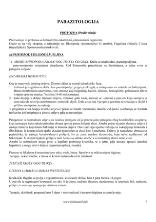 PARAZITOLOGIJA

                                          PROTOZOA (Praživotinje)

Praživotinje ili protozoa su heterotrofni eukariotski jednostanični organizmi.
Dijele sa na više skupina, a najvažnije su: Rhizopoda (korjenonošci ili amebe), Flagellata (bičaši), Ciliata
(trepetljikaš Sporozoasida (truskovci).
             i),

a) PROTOZOE TJELESNIH ŠUPLJINA

1) AMEBE (RHIZOPODA) PROBAVNOG TRAKTA ČOVJEKA. Kreću se ameboidno, pseudopodijima,
   neravnomjernim strujanjem citoplazme. Rod Entamoeba parazitiraju na životinjama, a jedna vrsta je
patogena za ljude.

ENTAMOEBA HISTOLYTICA

Ona je stanovnik debelog crijeva. Životni ciklus se sastoji od nekoliko faza:
1. trofozoit je vegetativni oblik. Ima pseudopodije, jezgra je okrugla, u endoplazmi su vakuole sa bakterijama.
    Hranu metabolizira anaerobno, tvori enzime koji razgrađuju kazein, želatinu, hemoglobin, polisaharid, fibrin
    i otpale epitelne stanice. Veličina 10-60 mikrometara.
2. kada dospije u doljne dijelove crijeva, trofozoit gubi vodu, smiruje se i prelazi u precistu koja sazrijeva u
    cistu tako da se ovija membranom i mitotički dijeli. Zrela cista ima 4 jezgre a govnima se izbacuju u okoliš i
    prilično su otporne na sušenje.
3. progutana cista dospije u tanko crijevo i počne se micati (metacista), stanični zid puca i oslobađaju se 4 mlada
trofozoita koji migriraju u debelo crijevo gdje se nastanjuju.

Patogenost: u normalnom crijevu ne izaziva promjene ali je potencijalno patogena zbog histolitičkih svojstava,
koja nastupaju kada zakaže prirodna obrana epitela putem lučenja sluzi. Ameba počne razarati sluznicu crijeva i
nastaje krater u koji dolaze bakterije iz lumena crijeva. One izazivaju upalnu reakciju uz nakupljanje leukocita i
fibroblasta. Iz kratera izlazi upalni eksudat pomiješ sa sluzi, krvi i amebama. Crijevo je nadraženo, ubrzava se
                                                     an
peristaltika, te nastaju krvavo-sluzavi proljevi, š je znak amebne dizenterije, koju treba razlikovati od
                                                      to
bakterijske. U dizenterijskom proljevu naći ćemo sve oblike amebe, a u normalnoj stolici samo ciste.
Amebe iz submukoze mogu proći u kapilare portalnog krvotoka, te u jetru, gdje nastaju apscesi (amebni
hepatitis), a mogu otići i dalje u organizam (pluća, mozak).

Prenose se fekalnom kontaminacijom ruku, vode, hrane. Sprečava se održavanjem higijene.
Terapija: nekad emetin, a danas se koristi metronidazol ili niridazol.

2) BIČAŠI PROBAVNOG TRAKTA:

GIARDIA LAMBLIA (LAMBLIA INTESTINALIS)

Kruškoliki flagelat se javlja u vegetativnom i cističkom obliku. Ima 4 para bičeva i 4 jezgre.
U pravilu je nepatogeni komenzal, no ako ih je puno, nadraže sluznicu duodenuma, te uzrokuju bol, nadutost,
proljev, te ometaju apsorpciju vitamina i masti.

Terapija: akridinski preparati kroz 5 dana + metronidazol i naravno higijena za sprečavanje.


                                             www.belimantil.info                                                 1
 