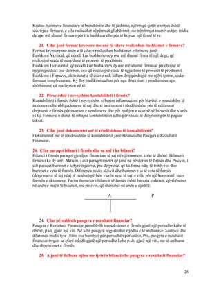 Krahas burimeve financiare të brendshme dhe të jashtme, një rrugë tjetër e rritjes është
shkrirja e firmave, e cila realizohet nëpërmjet gllabërimit ose nëpërmjet marrëveshjes midis
dy apo më shumë firmave për t’u bashkuar dhe për të krijuar një firmë të re.
21. Cilat janë format kryesore me anë të cilave realizohen bashkimet e firmave?
Format kryesore me anën e të cilave realizohen bashkimet e firmave janë:
Bashkimi Vertikal, që ndodh kur bashkohen dy ose më shumë firma të një dege, që
realizojnë stade të ndryshme të procesit të prodhimit.
Bashkimi Horizontal, që ndodh kur bashkohen dy ose më shumë firma që prodhojnë të
njëjtin produkt ose shërbim, ose që realizojnë stade të ngjashme të procesit të prodhimit.
Bashkimi i Firmave, aktivitetet e të cilave nuk lidhen drejtpërdrejtë me njëri-tjetrin, duke
formuar konglomerate. Ky lloj bashkimi dallon për nga diversiteti i prodhimeve apo
shërbimeve që realizohen në të.
22. Përse është i nevojshëm kontabiliteti i firmës?
Kontabiliteti i firmës është i nevojshëm si burim informacioni për blerësit e mundshëm të
aksioneve dhe obligacioneve të saj dhe si instrument i rëndësishëm për të ndihmuar
drejtuesit e firmës për marrjen e vendimeve dhe për njohjen e ecurisë së biznesit dhe vlerës
së tij. Firmave u duhet të mbajnë kontabilitetin edhe për shkak të detyrimit për të paguar
taksat.
23. Cilat janë dokumentet më të rëndësishme të kontabilitetit?
Dokumentet më të rëndësishme të kontabilitetit janë Bilanci dhe Pasqyra e Rezultatit
Financiar.
24. Çfar paraqet bilanci i firmës dhe sa anë i ka bilanci?
Bilanci i firmës paraqet gjendjen financiare të saj në një moment kohe të dhënë. Bilanci i
firmës i ka dy anë, Aktivin, i cili paraqet mjetet që janë në përdorim të firmës dhe Pasivin, i
cili paraqet burimet e këtyre mjeteve, pra detyrimet që ka firma ndaj të tretëve si dhe
burimet e veta të firmës. Diferenca midis aktivit dhe burimeve jo të veta të firmës
(detyrimeve të saj ndaj të tretëve) përbën vlerën neto të saj, e cila, për një korporatë, merr
formën e aksioneve. Parim themelor i bilancit të firmës është barazia e aktivit, që shënohet
në anën e majtë të bilancit, me pasivin, që shënohet në anën e djathtë.
A P
24. Çfar përmbledh pasqyra e rezultatit financiar?
Pasqyra e Rezultatit Financiar përmbledh transaksionet e firmës gjatë një periudhe kohe të
dhënë, p.sh. gjatë një viti. Në këtë pasqyrë regjistrohet rrjedha e të ardhurave, kostove dhe
diferenca midis tyre (fitmi ose humbje) për periudhën përkatëse. Pra, pasqyra e rezultatit
financiar tregon se çfarë ndodh gjatë një periudhe kohe p.sh. gjatë një viti, me të ardhurat
dhe shpenzimet e firmës.
25. A janë të lidhura njëra me tjetrën bilanci dhe pasqyra e rezultatit financiar?
26
 