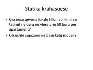 Statika krahasuese
• Çka nëse qeveria lokale fillon aplikimin e
tatimit në qera në vlerë prej 50 Euro për
apartament?
• Cili është supozimi në bazë këtij modeli?
 