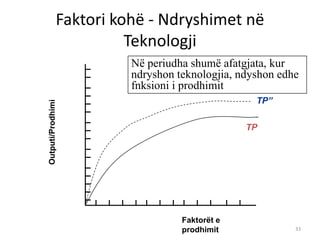 Faktori kohë - Ndryshimet në
Teknologji
33
Faktorët e
prodhimit
Outputi/Prodhimi
TP
TP”
Në periudha shumë afatgjata, kur
ndryshon teknologjia, ndyshon edhe
fnksioni i prodhimit
 