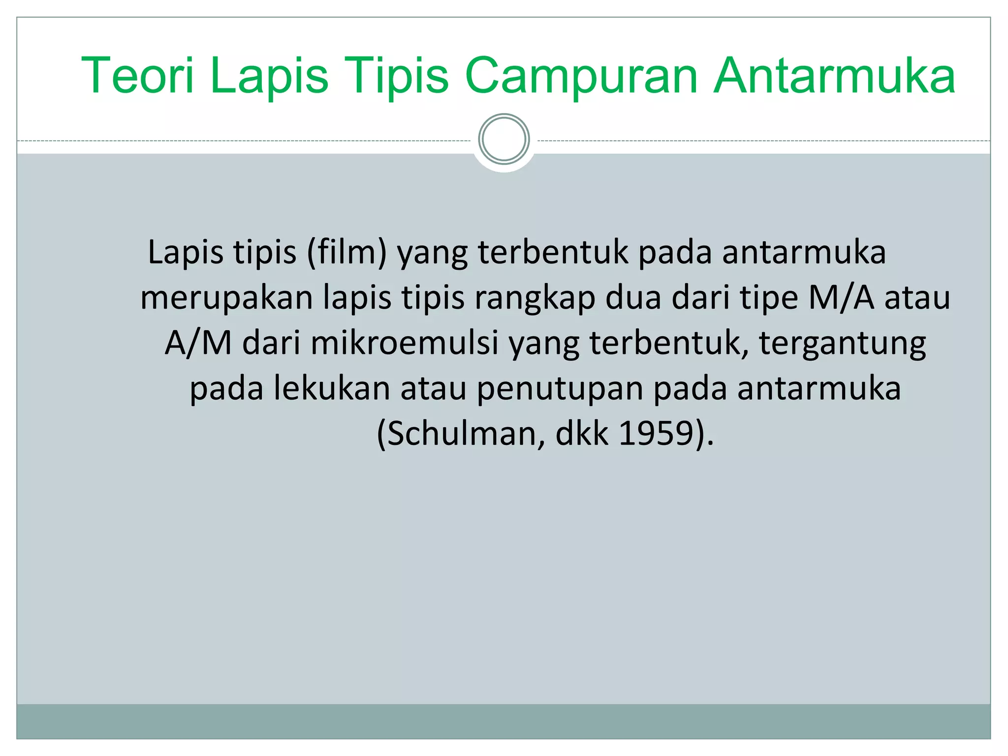 Teori Lapis Tipis Campuran Antarmuka
Lapis tipis (film) yang terbentuk pada antarmuka
merupakan lapis tipis rangkap dua dari tipe M/A atau
A/M dari mikroemulsi yang terbentuk, tergantung
pada lekukan atau penutupan pada antarmuka
(Schulman, dkk 1959).
 