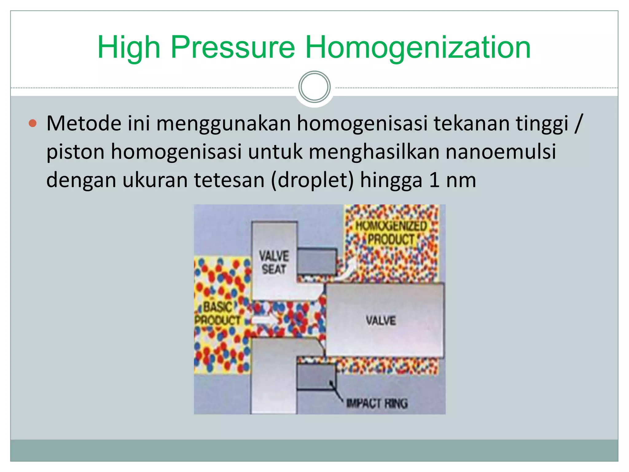 High Pressure Homogenization
 Metode ini menggunakan homogenisasi tekanan tinggi /
piston homogenisasi untuk menghasilkan nanoemulsi
dengan ukuran tetesan (droplet) hingga 1 nm
 