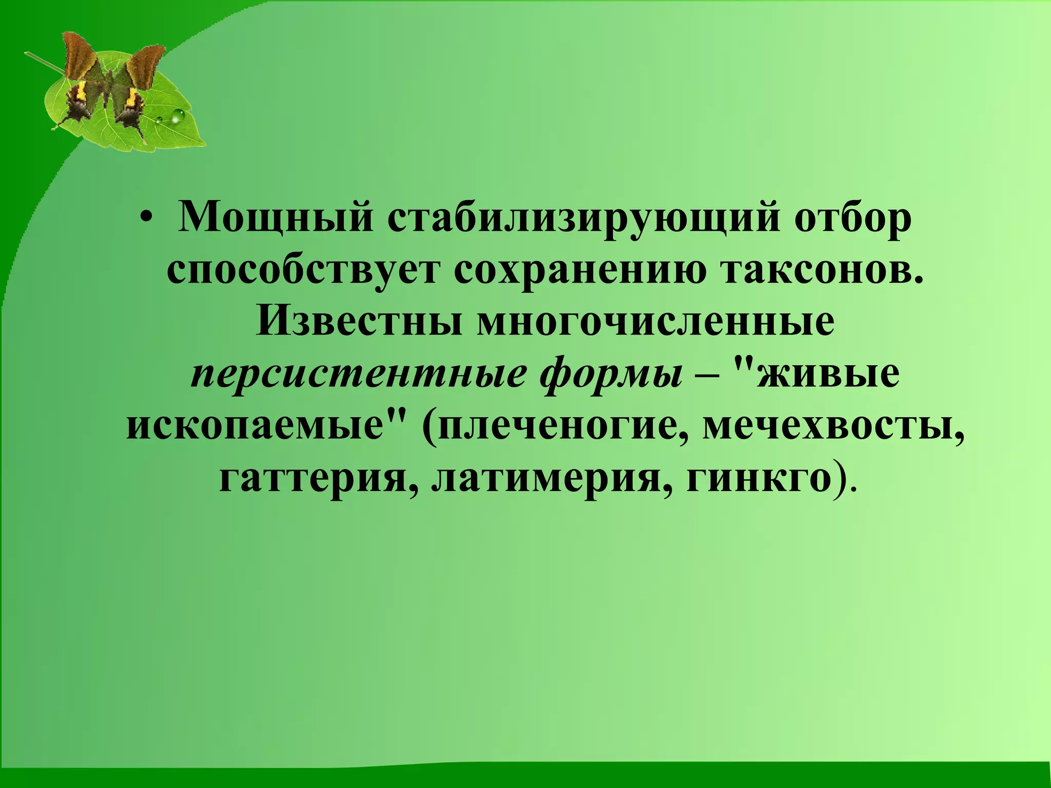 Мощный стабилизирующий отбор способствует сохранению таксонов. Известны многочисленные  персистентные формы  – "живые ископаемые" (плеченогие, мечехвосты, гаттерия, латимерия, гинкго ).   