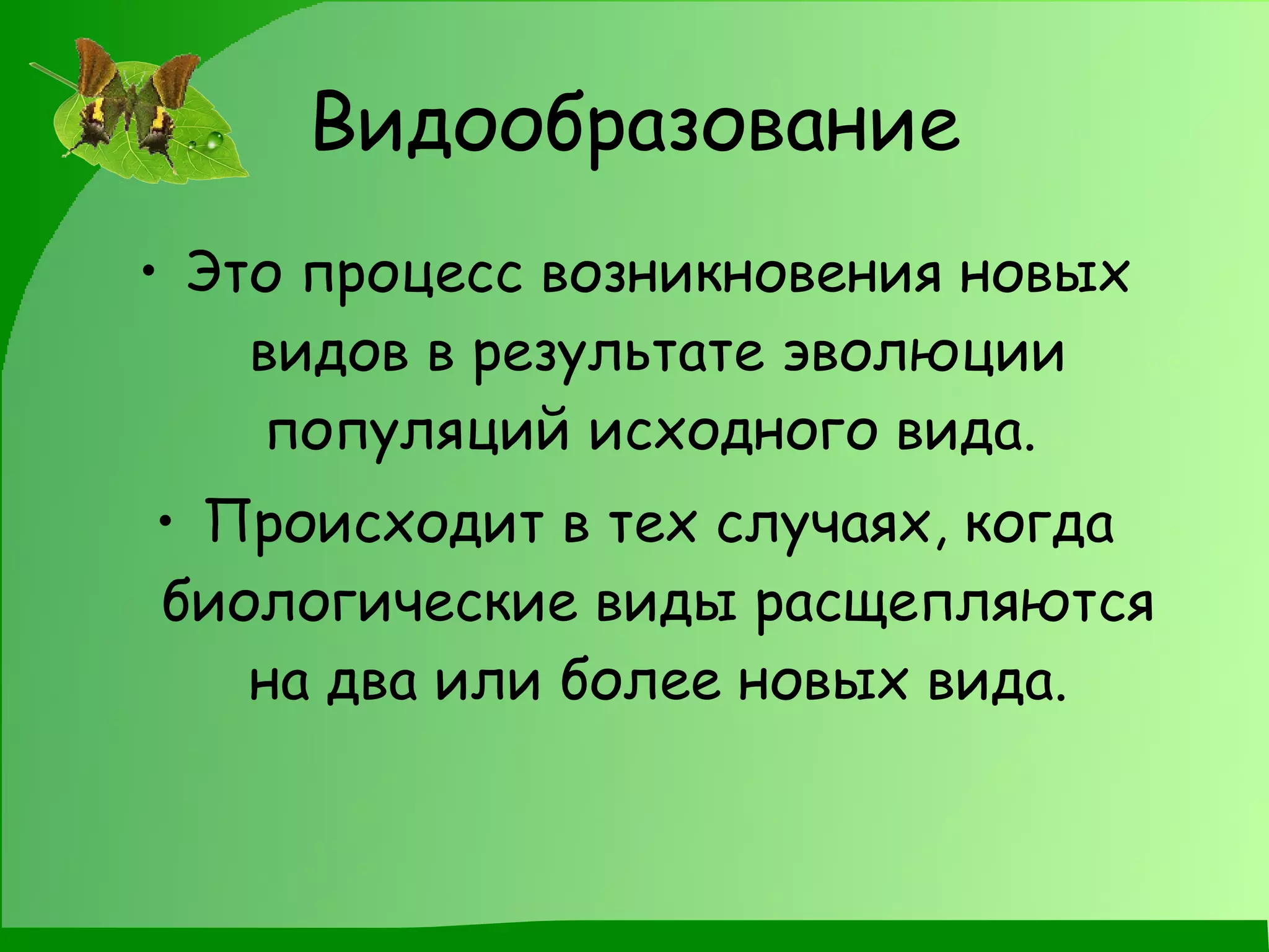 Видообразование Это процесс возникновения новых видов в результате эволюции популяций исходного вида.  Происходит в тех случаях, когда биологические виды расщепляются на два или более новых вида. 
