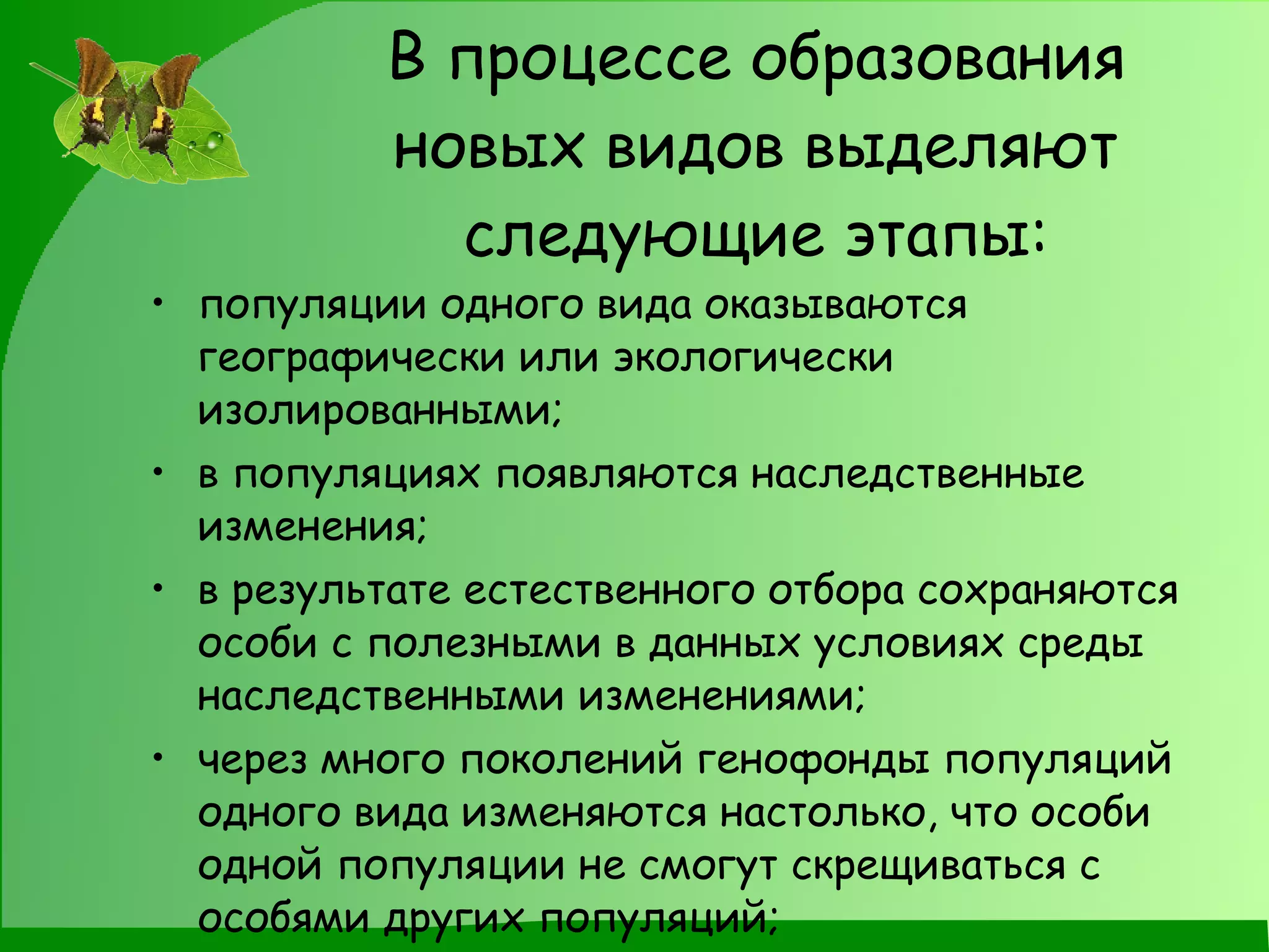 В процессе образования новых видов выделяют следующие этапы: популяции одного вида оказываются географически или экологически изолированными;  в популяциях появляются наследственные изменения;  в результате естественного отбора сохраняются особи с полезными в данных условиях среды наследственными изменениями;  через много поколений генофонды популяций одного вида изменяются настолько, что особи одной популяции не смогут скрещиваться с особями других популяций;  возникает новый вид. 