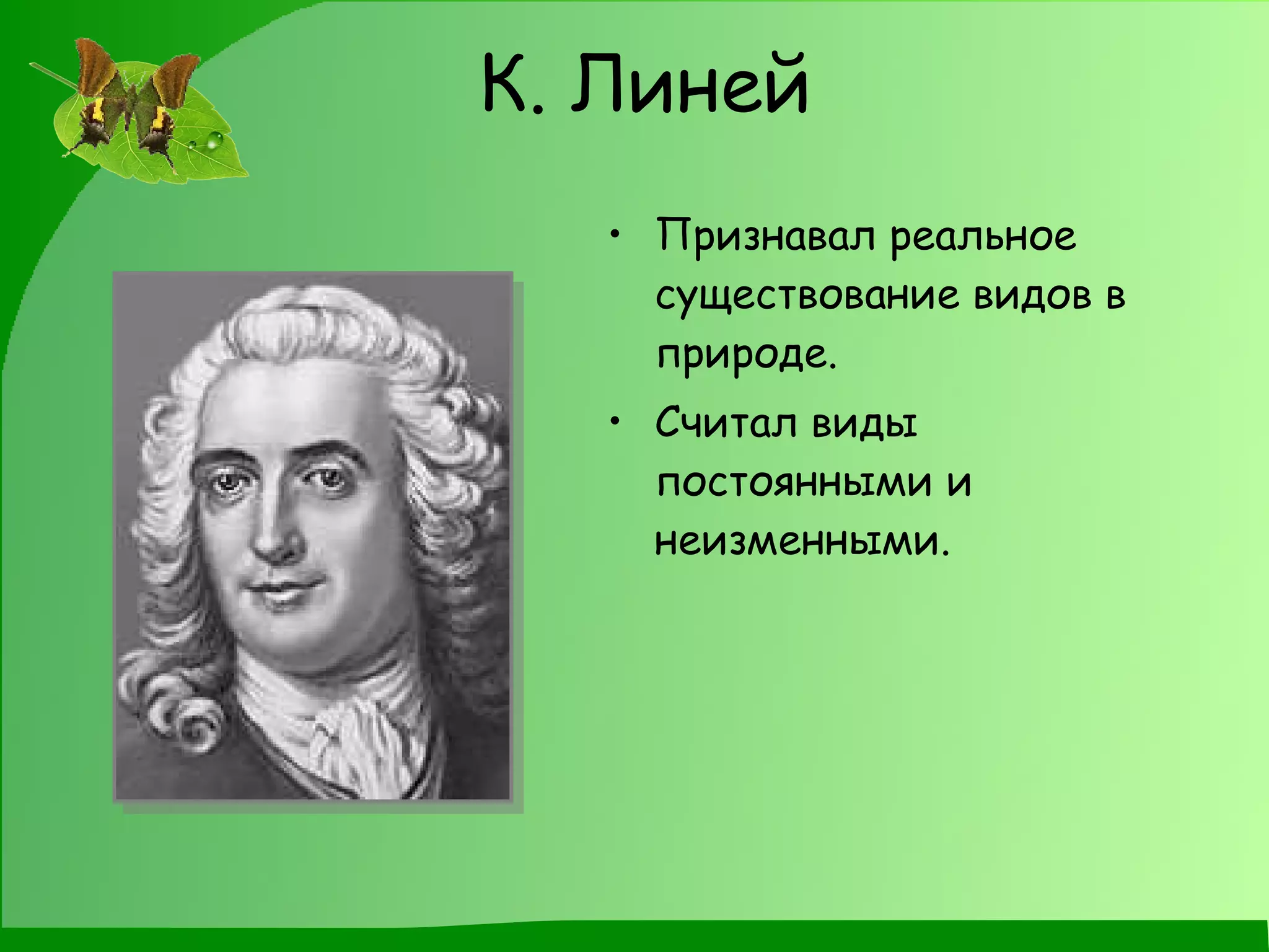 К. Линей Признавал реальное существование видов в природе. Считал виды постоянными и неизменными. 