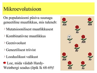Mikroevolutsioon On populatsiooni püsiva suunaga geneetiline muutlikkus, mis tuleneb: Mutatsioonilisest muutlikkusest  Kombinatiivne muutlikkus Geenivoolust  Geneetilisest triivist Looduslikust valikust Loe, mida väidab Hardy-Weinbergi seadus (õpik lk 68-69)! 
