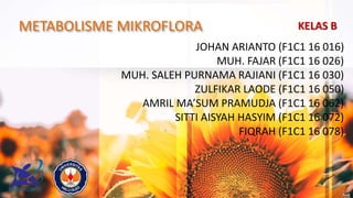 METABOLISME MIKROFLORA
JOHAN ARIANTO (F1C1 16 016)
MUH. FAJAR (F1C1 16 026)
MUH. SALEH PURNAMA RAJIANI (F1C1 16 030)
ZULFIKAR LAODE (F1C1 16 050)
AMRIL MA’SUM PRAMUDJA (F1C1 16 062)
SITTI AISYAH HASYIM (F1C1 16 072)
FIQRAH (F1C1 16 078)
KELAS B
 