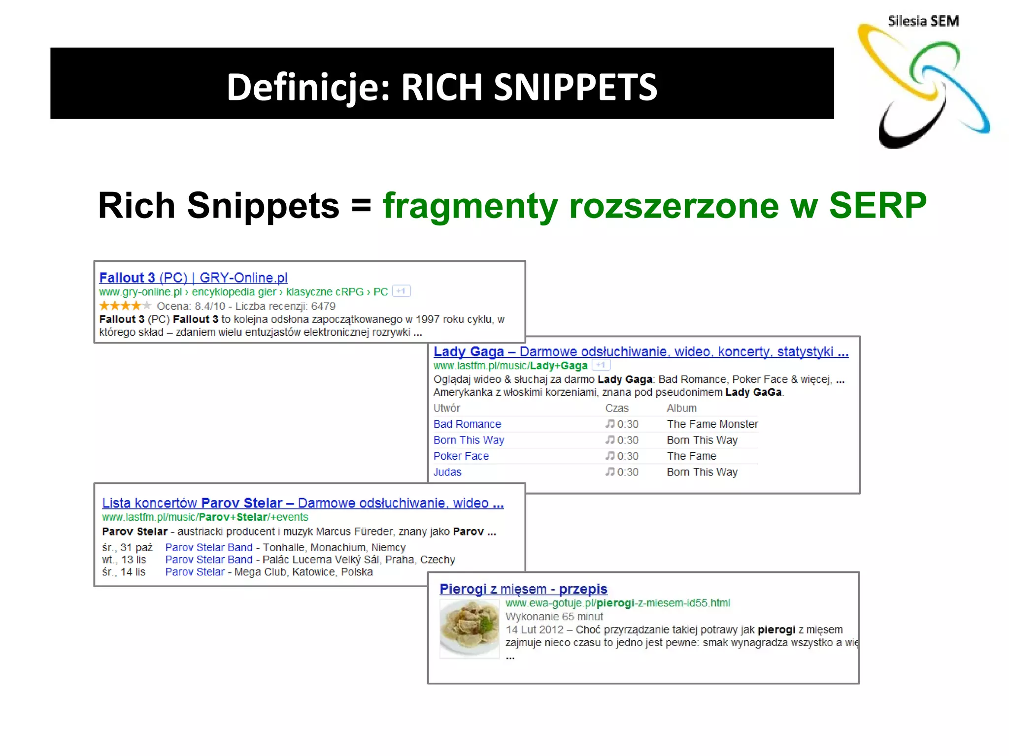 Definicje: RICH SNIPPETS

Rich Snippets = fragmenty rozszerzone w SERP
 
