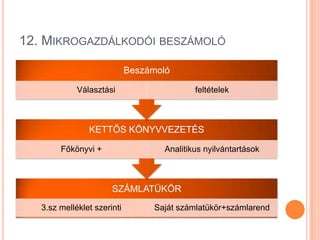 12. MIKROGAZDÁLKODÓI BESZÁMOLÓ

                             Beszámoló

             Választási                     feltételek



                KETTŐS KÖNYVVEZETÉS

        Főkönyvi +                  Analitikus nyilvántartások



                       SZÁMLATÜKÖR
   3.sz melléklet szerinti        Saját számlatükör+számlarend
 