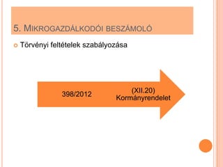 5. MIKROGAZDÁLKODÓI BESZÁMOLÓ
   Törvényi feltételek szabályozása




                                    (XII.20)
                398/2012
                                Kormányrendelet
 
