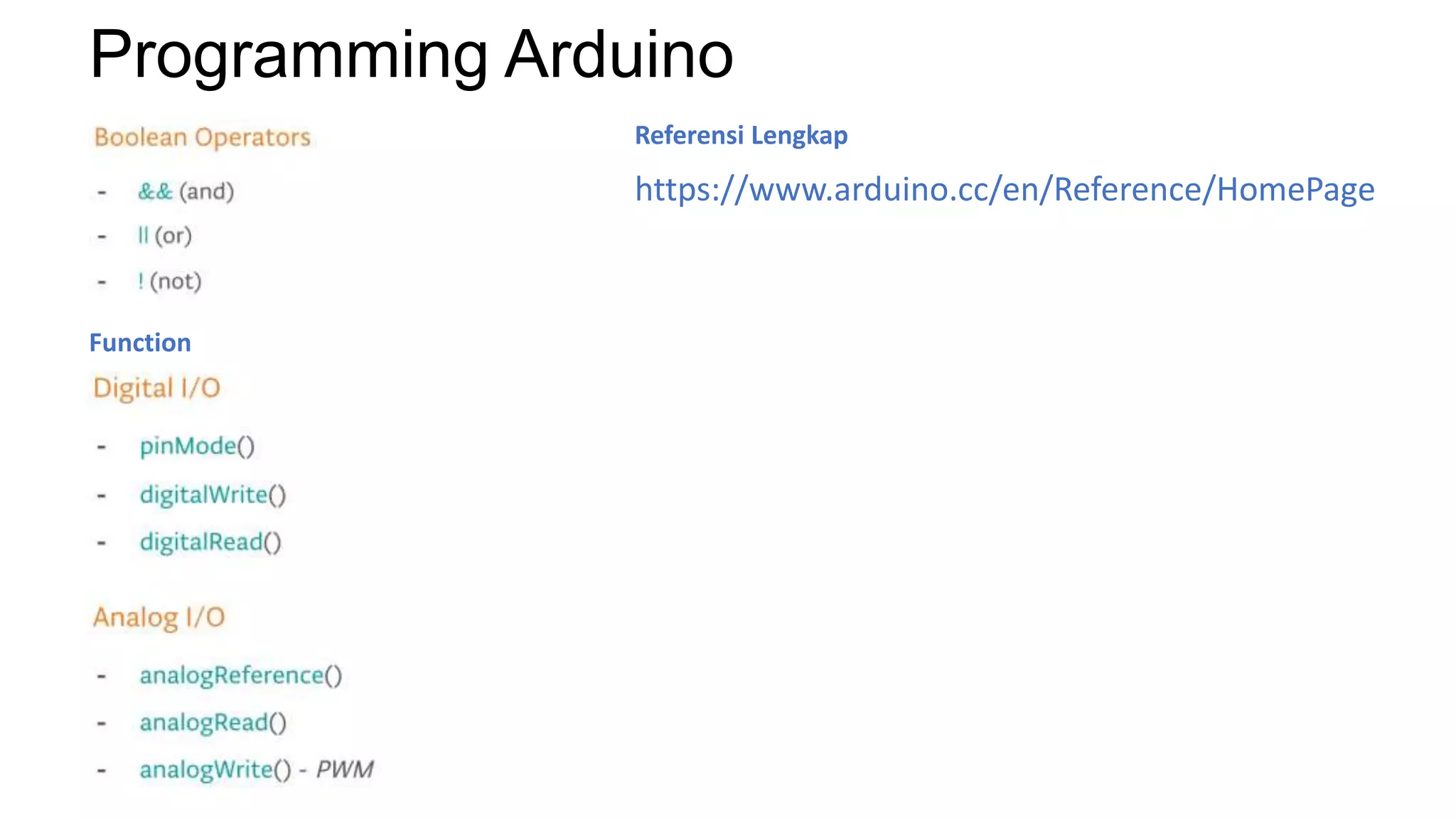 Programming Arduino
Function
Referensi Lengkap
https://www.arduino.cc/en/Reference/HomePage
 