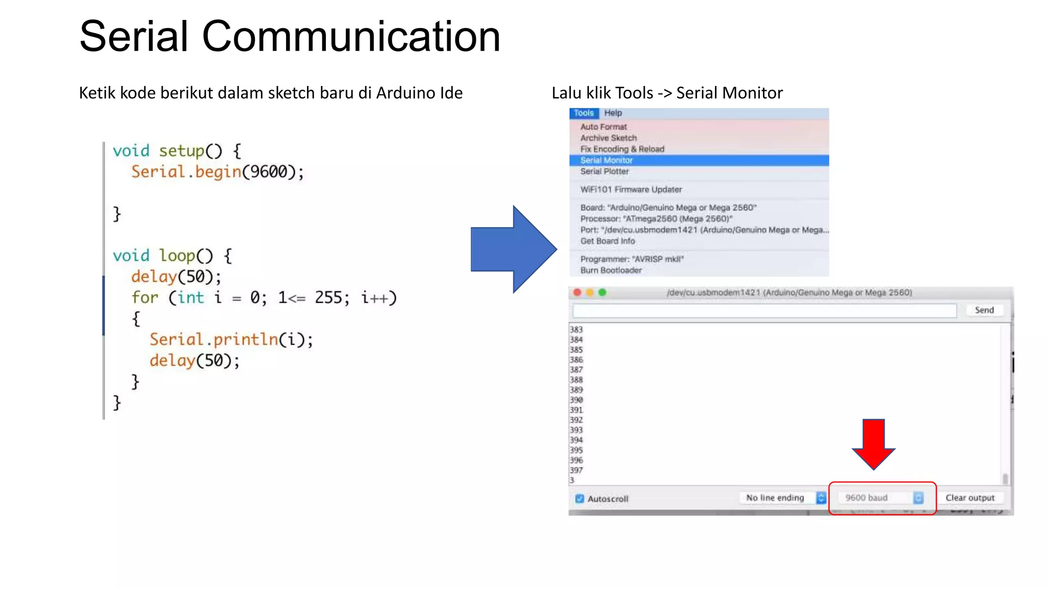 Serial Communication
Ketik kode berikut dalam sketch baru di Arduino Ide Lalu klik Tools -> Serial Monitor
 