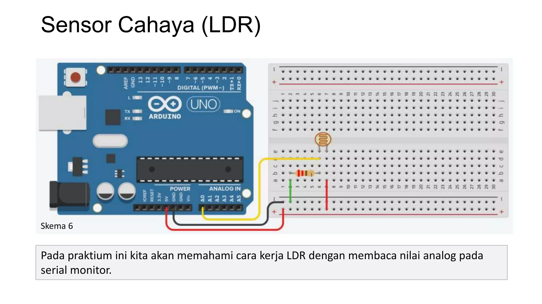 Sensor Cahaya (LDR)
Skema 6
Pada praktium ini kita akan memahami cara kerja LDR dengan membaca nilai analog pada
serial monitor.
 