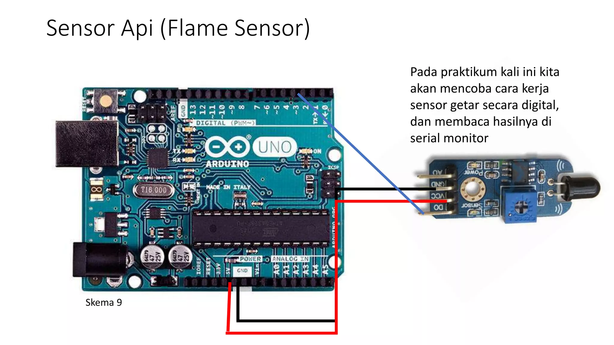 Sensor Api (Flame Sensor)
Pada praktikum kali ini kita
akan mencoba cara kerja
sensor getar secara digital,
dan membaca hasilnya di
serial monitor
Skema 9
 