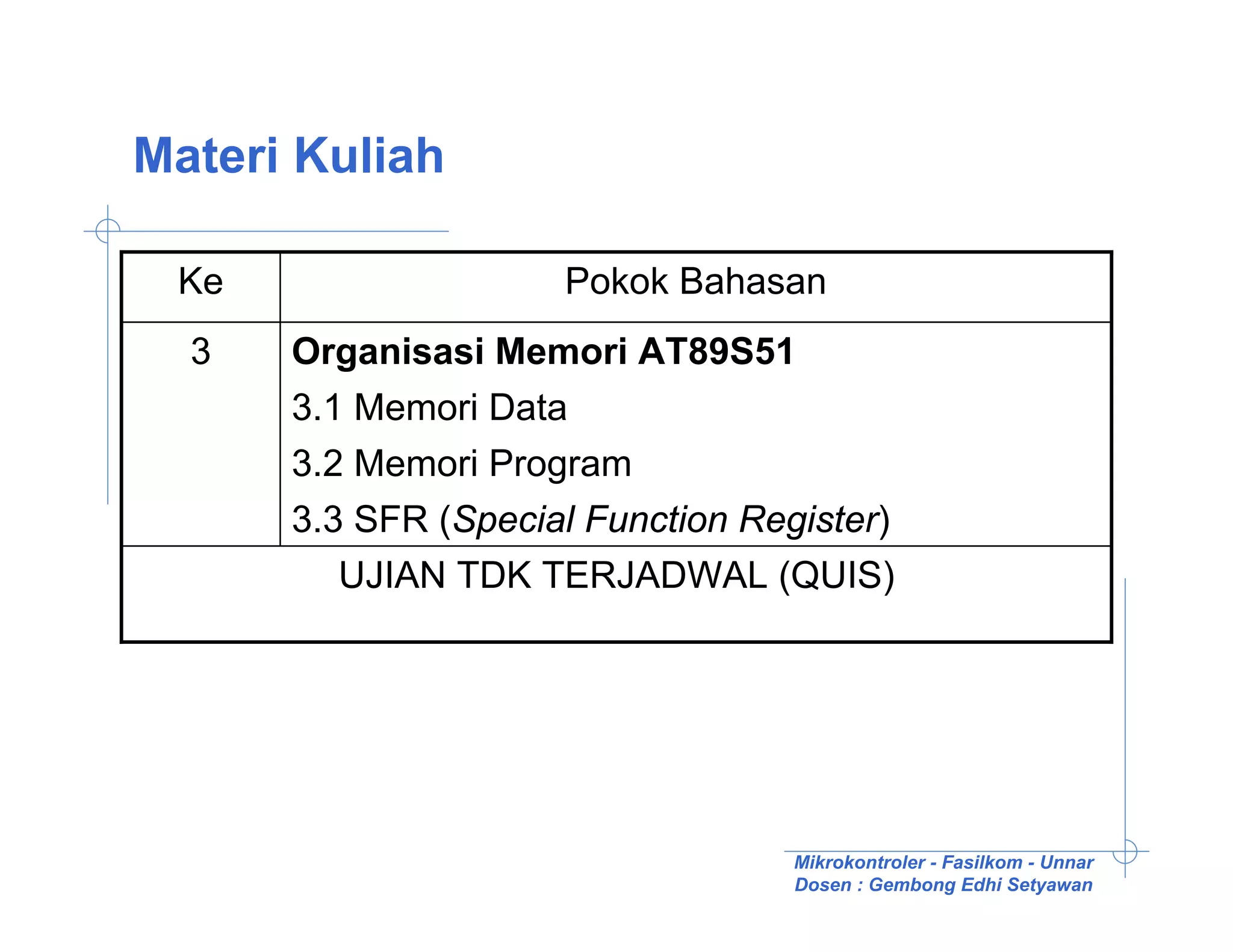 Materi Kuliah

 Ke                  Pokok Bahasan
  3   Organisasi Memori AT89S51
      3.1 Memori Data
      3.2 Memori Program
      3.3 SFR (Special Function Register)
         UJIAN TDK TERJADWAL (QUIS)




                                   Mikrokontroler - Fasilkom - Unnar
                                   Dosen : Gembong Edhi Setyawan
 