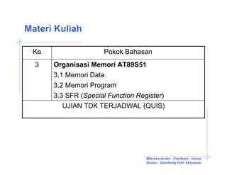 Materi Kuliah

 Ke                  Pokok Bahasan
  3   Organisasi Memori AT89S51
      3.1 Memori Data
      3.2 Memori Program
      3.3 SFR (Special Function Register)
         UJIAN TDK TERJADWAL (QUIS)




                                   Mikrokontroler - Fasilkom - Unnar
                                   Dosen : Gembong Edhi Setyawan
 