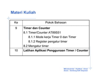 Materi Kuliah

 Ke                 Pokok Bahasan
  9   Timer dan Counter
      8.1 Timer/Counter AT89S51
          8.1.1 Mode kerja Timer 0 dan Timer
          8.1.2 Register pengatur timer
      8.2 Mengatur timer
 10   Latihan Aplikasi Penggunaan Timer / Counter




                                Mikrokontroler - Fasilkom - Unnar
                                Dosen : Gembong Edhi Setyawan
 