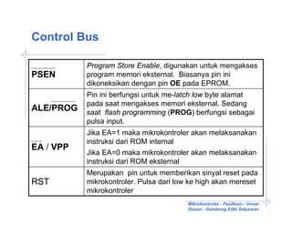 Control Bus

           Program Store Enable, digunakan untuk mengakses
PSEN       program memori eksternal. Biasanya pin ini
           dikoneksikan dengan pin OE pada EPROM.
           Pin ini berfungsi untuk me-latch low byte alamat
           pada saat mengakses memori eksternal. Sedang
ALE/PROG   saat flash programming (PROG) berfungsi sebagai
           pulsa input.
           Jika EA=1 maka mikrokontroler akan melaksanakan
           instruksi dari ROM internal
EA / VPP
           Jika EA=0 maka mikrokontroler akan melaksanakan
           instruksi dari ROM eksternal
           Merupakan pin untuk memberikan sinyal reset pada
RST        mikrokontroler. Pulsa dari low ke high akan mereset
           mikrokontroler
                                         Mikrokontroler - Fasilkom - Unnar
                                         Dosen : Gembong Edhi Setyawan
 