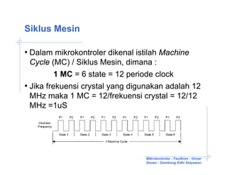 Siklus Mesin

• Dalam mikrokontroler dikenal istilah Machine
  Cycle (MC) / Siklus Mesin, dimana :
          1 MC = 6 state = 12 periode clock
• Jika frekuensi crystal yang digunakan adalah 12
  MHz maka 1 MC = 12/frekuensi crystal = 12/12
  MHz =1uS




                                  Mikrokontroler - Fasilkom - Unnar
                                  Dosen : Gembong Edhi Setyawan
 