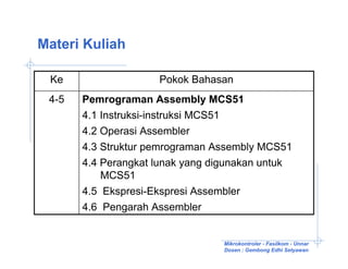 Materi Kuliah

 Ke                   Pokok Bahasan
 4-5   Pemrograman Assembly MCS51
       4.1 Instruksi-instruksi MCS51
       4.2 Operasi Assembler
       4.3 Struktur pemrograman Assembly MCS51
       4.4 Perangkat lunak yang digunakan untuk
           MCS51
       4.5 Ekspresi-Ekspresi Assembler
       4.6 Pengarah Assembler


                                  Mikrokontroler - Fasilkom - Unnar
                                  Dosen : Gembong Edhi Setyawan
 
