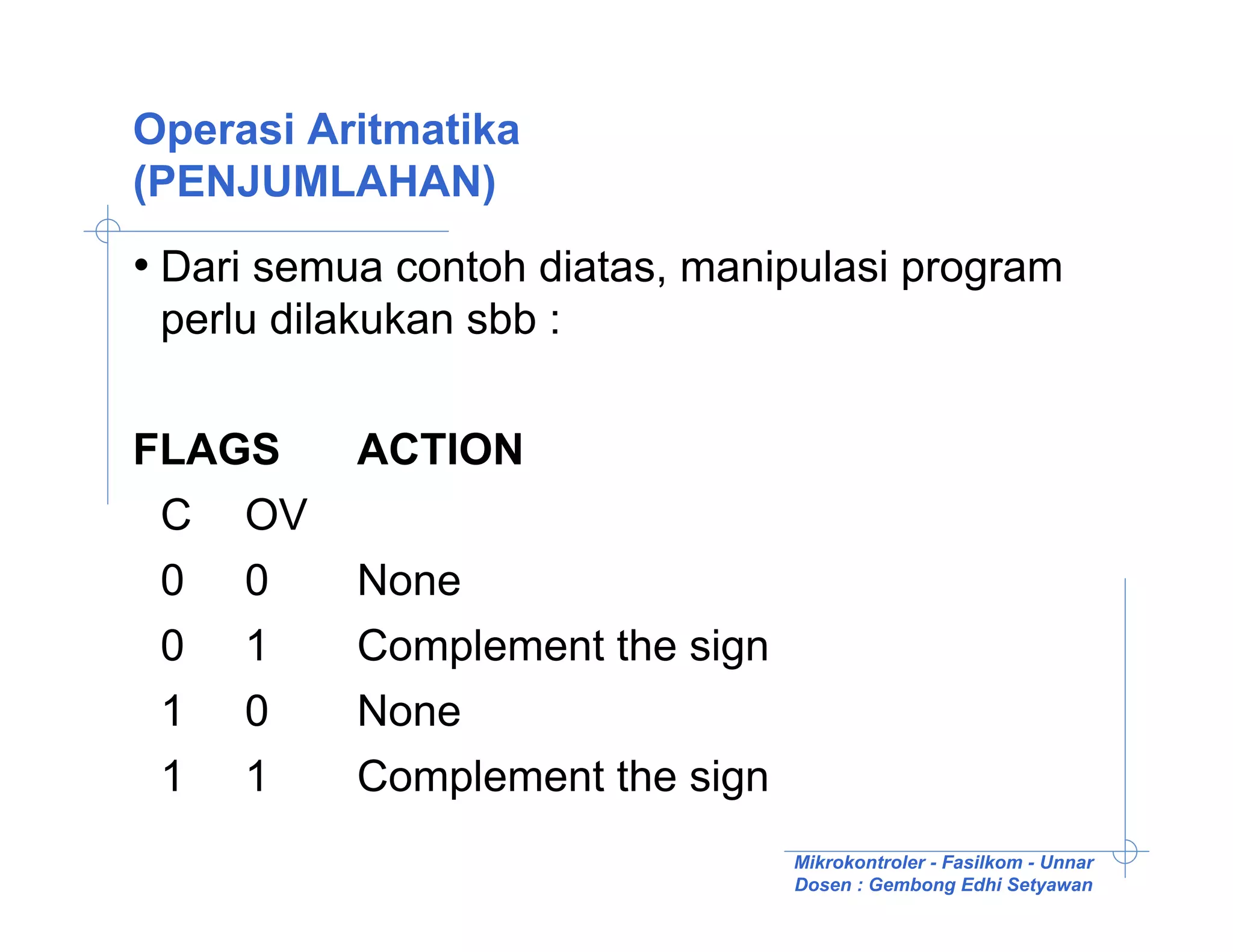 Operasi Aritmatika
(PENJUMLAHAN)
• Dari semua contoh diatas, manipulasi program
 perlu dilakukan sbb :

FLAGS      ACTION
 C OV
 0 0       None
 0 1       Complement the sign
 1 0       None
 1 1       Complement the sign
                                 Mikrokontroler - Fasilkom - Unnar
                                 Dosen : Gembong Edhi Setyawan
 